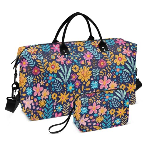Bolso para Mujer Turnbeutel mit bunten Blumen, dekorativ, Wochenendtasche, Übernachtungstasche, groß, mit verstellbarem Riemen, für Fitnessstudio, 2-teiliges Set von KLL