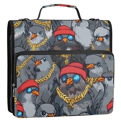 Cartoon Cool Taube Gangster 3,8 cm Ordner 3 Ringe Reißverschluss mit Schultergurt Mehrere Taschen Dokumentenorganizer Geeignet für die Mittelschule Encuadernador de cremallera von KLL
