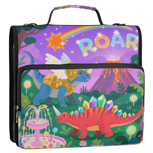 Cartoon-Dinosaurier-Vulkan-Ordner mit 3 Ringen, 3,8 cm, mit extra Taschen mit Griff und abnehmbarem Schultergurt, einfach zu tragen, mit Reißverschluss, Portfolio für Schule, Bolsa de Cremallera von KLL