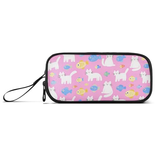 Cartoon-Federmäppchen mit niedlichen weißen Katzen und Fischen, Nylon, große Kapazität, Reißverschluss, Federmäppchen, Schreibwaren-Organizer für Büro, Kinder von KLL