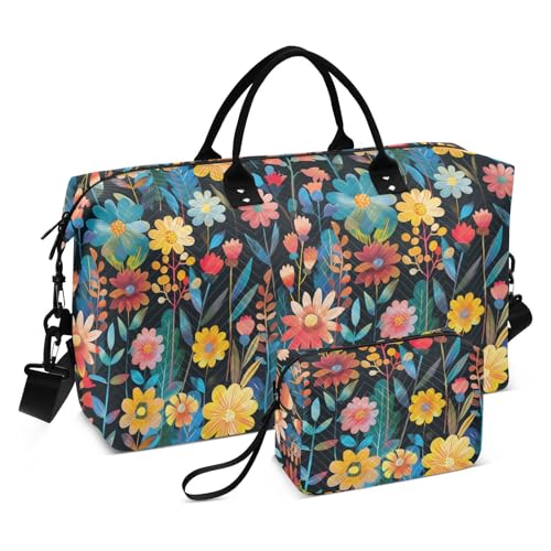 Dekorative Gepäck-Reisetasche, Reisetasche, Turnbeutel mit Kulturbeutel für Flugzeugreisen, wasserdicht, Motiv: lebendige Blumen von KLL