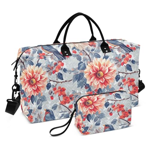 Dekorative Reisetasche, Motiv: Blumen Dahlie, Kirschblüten, Vögel, Sporttasche, Turnbeutel mit Kulturbeutel für Fitnessstudio, faltbar, Bolso para Mujer von KLL