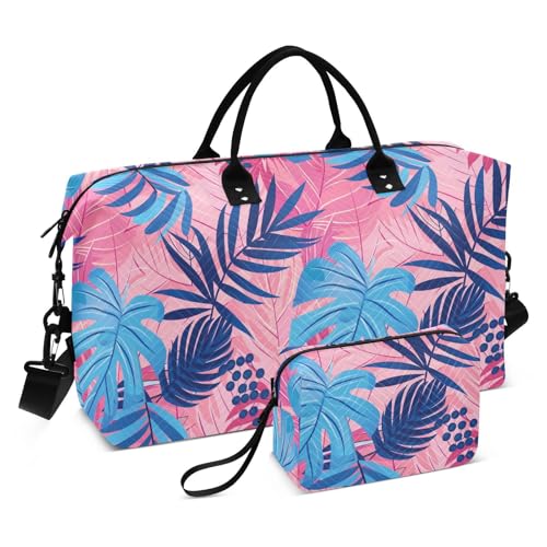 Dekorative Reisetasche mit Palmenblättern, Pastellfarben und Blau, Reisetasche, Turnbeutel mit Kulturbeutel für Workout, wasserdicht von KLL