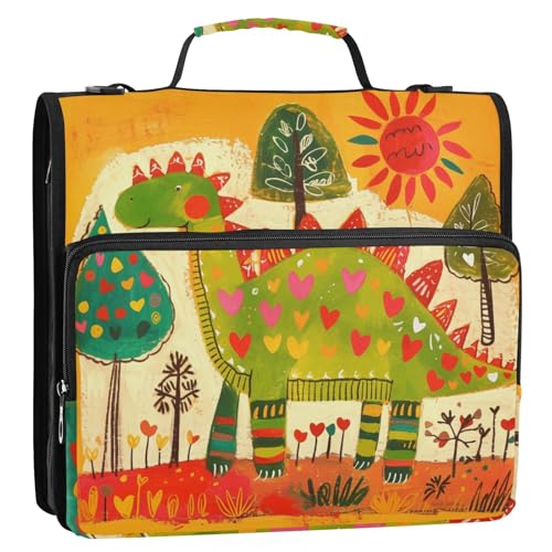 Doodle-Stil Cartoon Dinosaurier Herzform 3 Ringe 3,8 cm stabiler Reißverschluss Ordner mit Gurt Multi-Taschen Dokumenten-Organizer Tasche für Mittelschüler von KLL