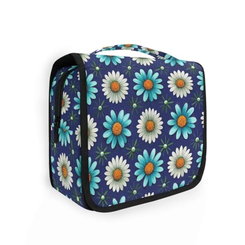 Elegante Make-up-Tasche mit Gänseblümchen-Blumenmuster, Weiß / Blau, für Damen, mit Haken zum Aufhängen, Kosmetiktasche, Arbeit Elegante Make-up-Tasche mit Gänseblümchen-Blumenmuster, Weiß / Blau, für Damen, mit Haken zum Aufhängen, Kosmetiktasche, Arbeit von KLL