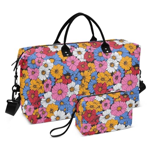 Farbenfrohe Malerei Gänseblümchen Dekorative Handgepäcktasche Wochenendtasche Turnbeutel mit Kulturbeutel für Trekking 2-teiliges Set Bolsas de para Mujer von KLL