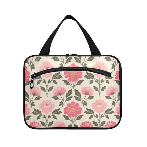 Fashion Pink Flower Beige Hanging Shaving Kit Travel Bag with Hook, Designer Foldable Makeup Bag for Travel Accessories for Women Cruises maletín para maquillaje L von KLL