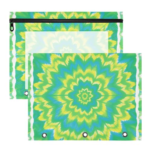 Federmäppchen, stabile Tasche mit 3 Löchern, für A4-Papier, Briefe, 2 Stück, für Schüler, Studenten, Lehrerbedarf, grün-gelbes Mandala-Blumenmuster von KLL