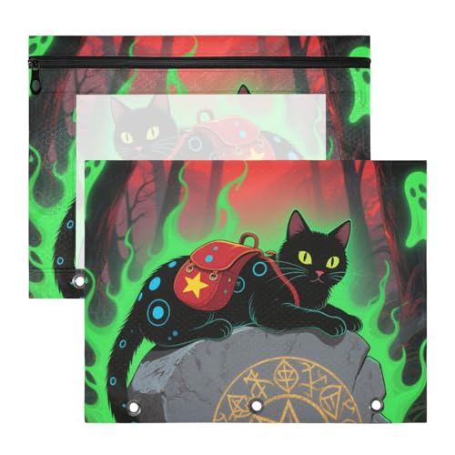 Federmäppchen mit 3 Löchern, Aufbewahrungstasche für A4-Papier, Briefe, 2 Stück, Lehrer, Klassenzimmer, Halloween, schwarze Katzen von KLL