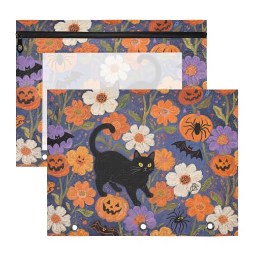 Federmäppchen mit glatten Reißverschlüssen, Kunststoff-Aktenordner für A4-Papier, Briefe, 2 Stück, Studenten, Schulbedarf, Happy Halloween, schwarze Katze, Kürbis von KLL