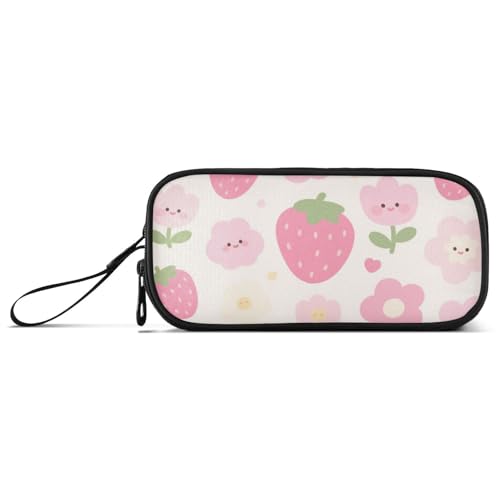 Federmäppchen mit niedlichem Cartoon-Erdbeerblumen-Motiv, Nylon, hohe Kapazität, Federmäppchen, Schreibwaren für High School Kinder von KLL