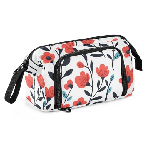 Federmäppchen mit roten Blumen und schwarzen Blättern, Retro-Cartoon-Design, große Kapazität, niedliches Federmäppchen, multifunktional, für Kinder, adrette Schule von KLL