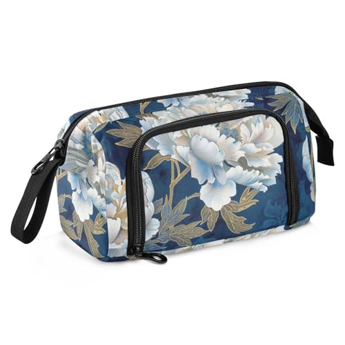 Federmäppchen mit weißem Pfingstrosen, dunkelblauer Hintergrund, großes Fassungsvermögen, großes Federmäppchen mit Fach für Kinder, College von KLL