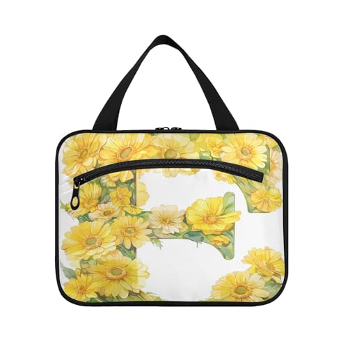 Floralmorphischer Make-up-Organizer mit Haken, Motiv: F, Zitronengelb, Gänseblümchen, Aquarell-Stil, zum Aufhängen, Reise-Make-up-Organizer mit Haken, Designerbedarf, Kosmetik-Organizer für Reisen von KLL