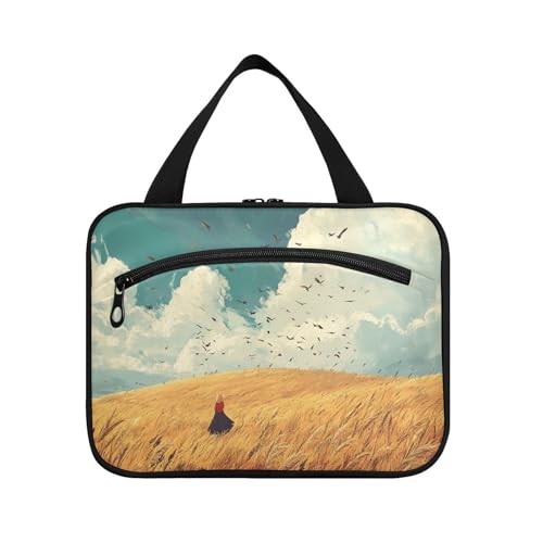 Goldene Weizenfeld-Illustration, hängende Reisetaschen für Toilettenartikel mit Haken, Designer-Kulturbeutel zum Aufhängen, für Damen, Muss für Hotel, Cartera para maquillaje L von KLL