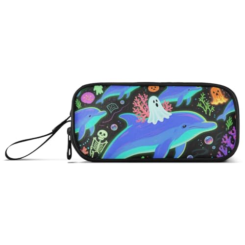 Halloween Blue Dolphin Pumpkin Skull Nylon Large Pencil Bag Large Capacity Slot Pencil Case Stationery for Elementary Kids von KLL