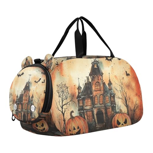 Halloween Kürbis Schwarz Orange Gruseliges Spukhaus Kleiner Turnbeutel mit Schuhfach Multifunktionale Wochenendtasche Übernachtungstaschen für Reisen, Schwimmen, Tanz, Ballett von KLL