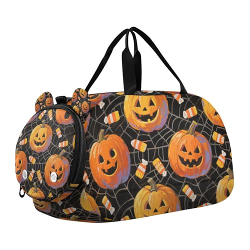 Halloween Orange Kürbis Kinder Niedliche Turnbeutel mit Schuhfach Multifunktionale Wochenend-Reisetasche für Strand Schwimmen Taschen Pool Sport von KLL