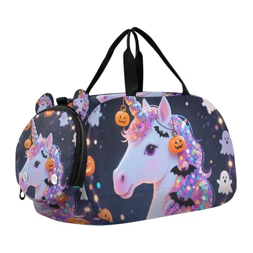 Halloween Pailletten Weiß Einhörner Kürbis Kleine Turnbeutel mit Schuhfach Multifunktionale Reisetasche für Strand Schwimmen Taschen Pool Sport von KLL