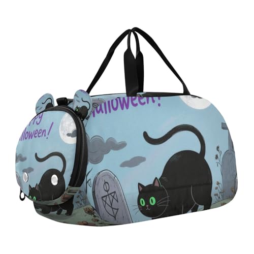 Halloween Schwarze Katze Kleine Turnbeutel mit Schuhfach Große Kapazität Wochenende Reisetasche für Reisen, Schwimmen, Tanzen, Ballett von KLL