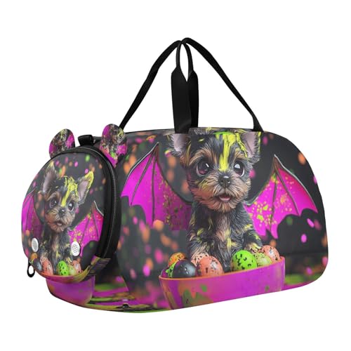 Halloween-Welpe mit Fledermausflügeln, 3D-Render-Tasche für Kinder, mit Schuhfach, große Kapazität, Übernachtungstasche für Reisen, Schwimmen, Tanzen, Ballett von KLL