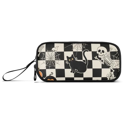 Halloween schwarz karierter Kürbis Katze Schädel Nylon Aufbewahrung Stifteetui Bleistifttasche Hohe Kapazität College Federmäppchen Schreibwaren für Mittelschule Kinder von KLL
