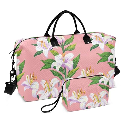 Happy Easter Lily Flower Pink Dekorative Reisetasche Sport Turnbeutel mit Kulturbeutel für Sport Wasserdicht Maletas Para Gimnasio von KLL