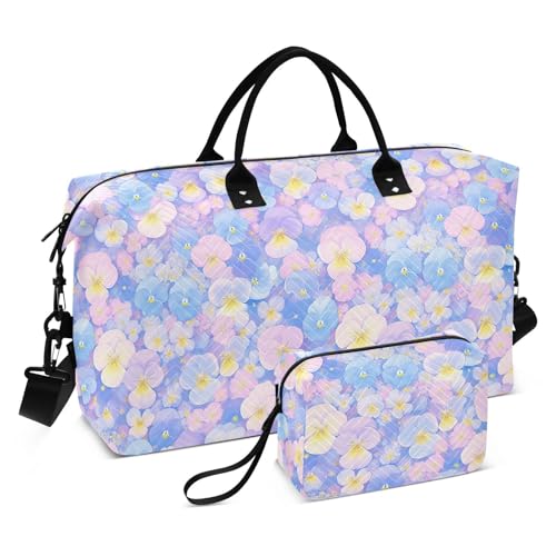 Hellblaue und rosa Stiefmütterchen mit Blumen, dekorativer Handgepäck, Wochenendtasche, Übernachtungstasche, Turnbeutel mit Kulturbeutel für Sport, wasserdicht, Bolsas para viajar von KLL