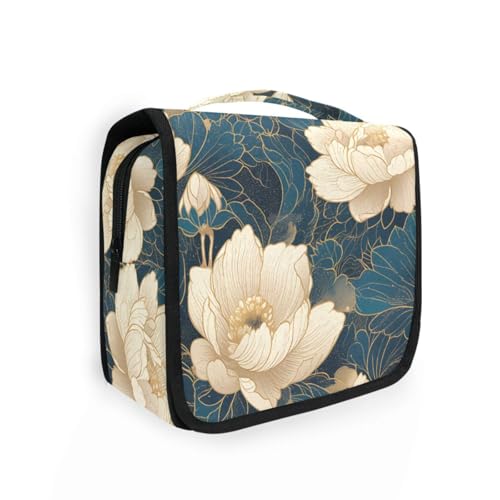 Herren-Kulturbeutel für Reisen, mit Haken zum Aufhängen, goldfarben, blaugrün, Blumenmuster von KLL