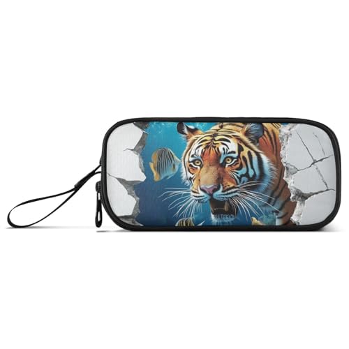 KLL 3D-Federmäppchen mit rissigem Loch, Tier-Tiger, Unterwasser-Nylon, großes Fassungsvermögen, großes Federmäppchen mit Reißverschluss, Schreibwaren-Tasche für Schule und Damen von KLL