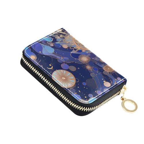 KLL Abstraktes Feuerwerk platzende Malerei Blau Gold Leder Damen Kartenhalter Brieftaschen mit 9 Kartenschlitzen RFID Blockierung Kreditkartenetui Buch mit Reißverschluss von KLL