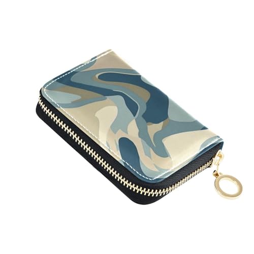 KLL Abstraktes blau-beigefarbenes Leder-Kartenetui für Damen, mit 2 Geldfächern, RFID-blockierendem Kartenhalter für Damen, mit Reißverschluss von KLL