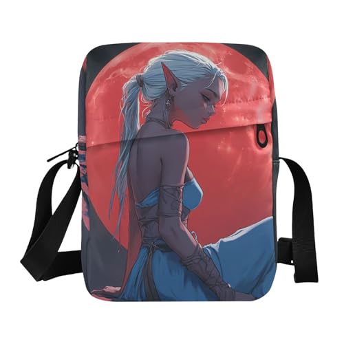 KLL Anime-Stil Elf Beauty Red Moon Hintergrund Messenger Bag Crossbody Veganes Leder Herren Schultertasche Shopping Frau Schultertasche Handtasche von KLL