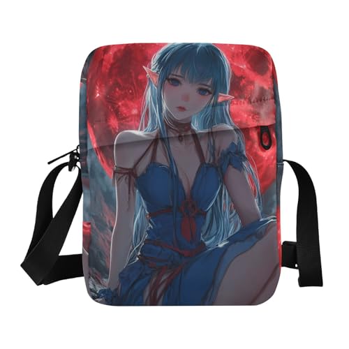 KLL Anime-Stil Elf Beauty Red Moon Hintergrund Messenger Bag Vegan Leder Umhängetasche Herren Shopping Frau Handtasche Schultergurt von KLL