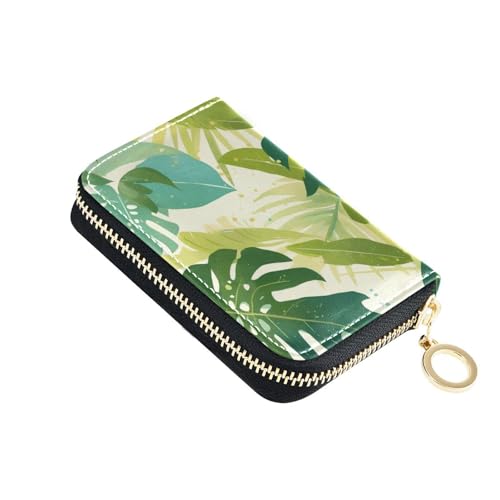 KLL Aquarell Monstera Deliciosa Blätter Muster Grün Weiß Leder Kartenetui für Damen mit 9 Kartenfächern, RFID-blockierend, kleines Kreditkartenetui für Damen mit Reißverschluss von KLL