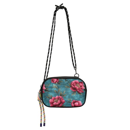KLL Art Rote Pfingstrosen Blumen Blaugrün Schwarz Crossbody Taschen für Damen Mode mit Kreditkartenfächern über der Schulter Geldbörse Spaziergang mit dem Hund von KLL