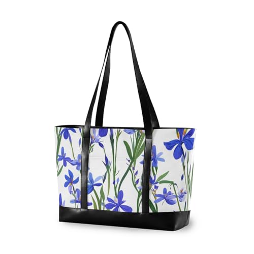 KLL Beauty Spring Blue Iris Flowers Reisetasche mit Reißverschluss, Computer-Tragetasche für Damen, große Handtasche für Damen, Arbeit mit Tablet-PC Bolsos Para Mujeres von KLL