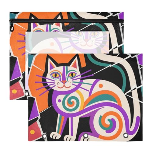 KLL Binder-Bleistiftbeutel mit glatten Reißverschlüssen, 3-Loch-Tasche für A4-Papier, Briefe, 2 Stück, für Lehrer, Schule, Studenten, Lehrerbedarf, abstrakte Boho-Katze von KLL