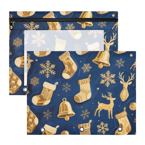 KLL Binder Pencil poucheses Multi-Purpose Pocket Folders for 3 Rings Binder 2 Pack Students School Supplies Merry Christmas Golden Bell Elch von KLL