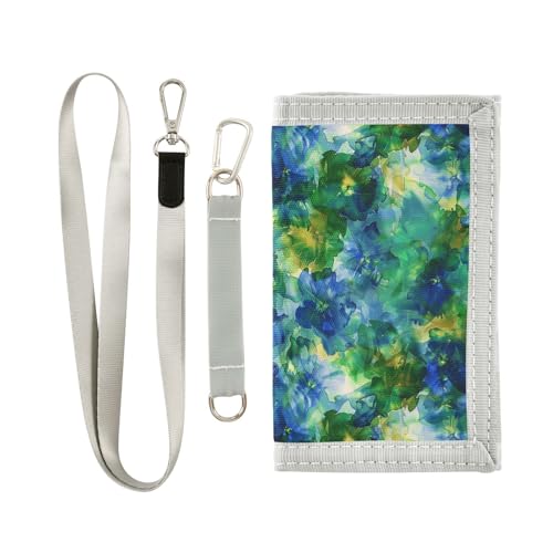 KLL Blau-Grüne Mystery-Blumen, dreifach gefaltete Geldbörsen für Herren für Damen, Nylon, stabiler Clip, Geldbörse für Herren, mit Umhängeband von KLL
