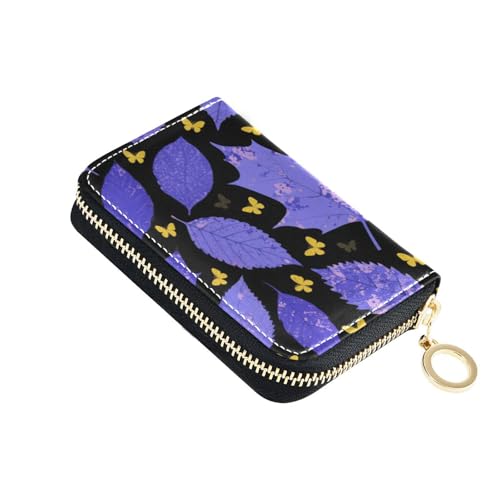 KLL Blau-lila Ahornblatt-gelber Schmetterling Leder Kartenetui für Frauen mit 2 Geldschlitzen RFID-Blockierung Damen Kartenetuis mit Reißverschluss von KLL