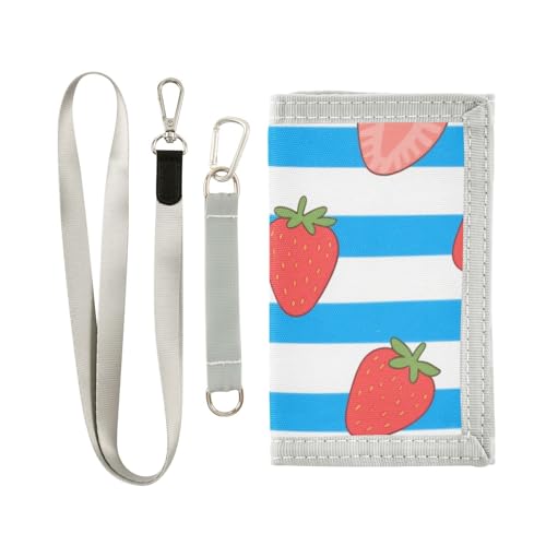 KLL Blau-weiß gestreifte Geldbörse mit Erdbeere, dreifach gefaltet, cooles Geschenk, einzigartig, lässig, dünn, für Herren, mit Umhängeband von KLL