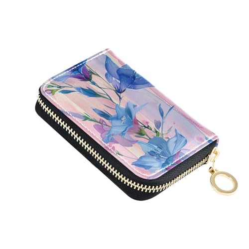 KLL Blaue Bellflower rosa Streifen Aquarell-Stil Leder Damen Kreditkartenetui mit 2 Geldfächern, RFID-blockierendem Kartenhalter für Damen, mit Reißverschluss KLL Blaue Bellflower rosa Streifen Aquarell-Stil Leder Damen Kreditkartenetui mit 2 Geldfächern, RFID-blockierendem Kartenhalter für Damen, mit Reißverschluss von KLL