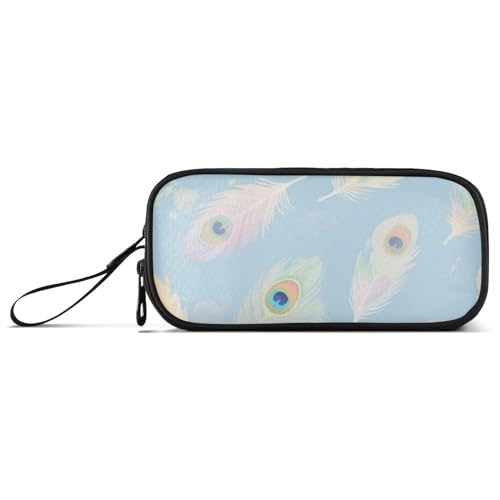 KLL Blaue Pfauenfedern, Nylon-Stift-Aufbewahrungstasche, große Kapazität, Federmäppchen mit Fächern, Schreibwarentasche für High School Mädchen von KLL