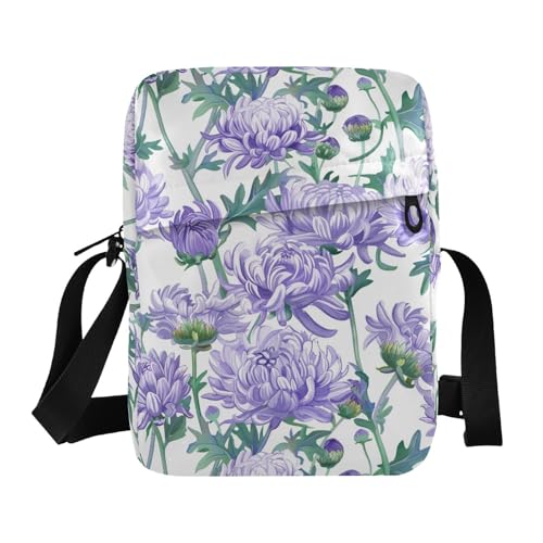 KLL Bloom Flower Chrysanthemum Adventure Lavender Messenger Bag für Damen, veganes Leder, Herren-Umhängetasche, Reise-Schultertasche für Damen von KLL