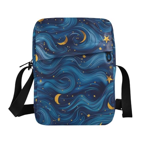 KLL Blue Waves and Yellow Stars at Night Messenger Bags Vegan Leather Men Shoulder Bag Casual Shoulder Handbag von KLL