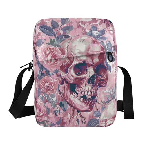 KLL Blush Skull Flowers Herren Kuriertasche Veganes Leder Crossbody Kleine Taschen für Frauen Reise Schulterhandtaschen von KLL