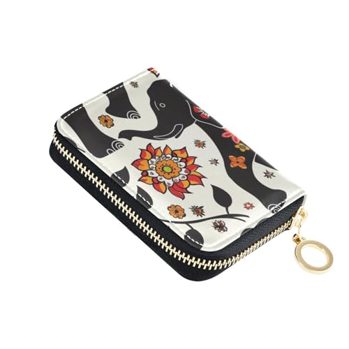 KLL Bohemian Elephants Flowers Black Leather Small Card Wallet with 2 Cash Slot RFID Blocking Women's Card Cases with Zipper von KLL