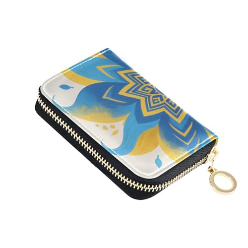 KLL Bohemian Mandala Flower Blue Yellow Leather rdfi Credit Card Wallet Women with 9 Card Slot RFID Blocking Credit Card Case with Zipper von KLL