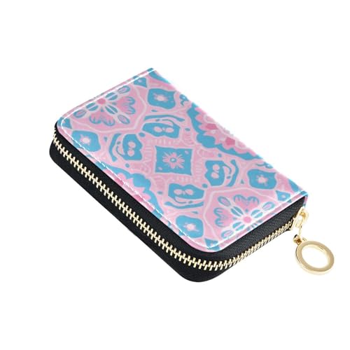 KLL Boho Pink Blue Vintage Flowers Leather Card Wallet for Women with 2 Cash Slots RFID Blocking Card Holder with Zipper von KLL